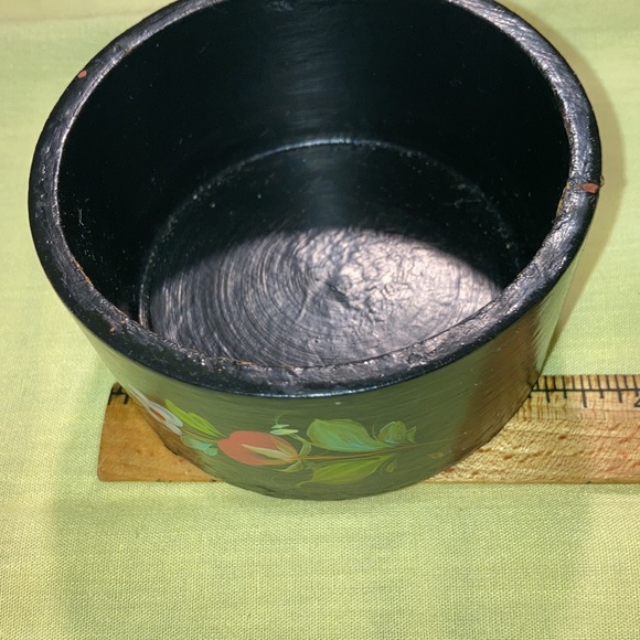HAND CRAFTED- painted rd trinket box w/lid. Black w/bright flowers.  $25 - Picture 6 of 8